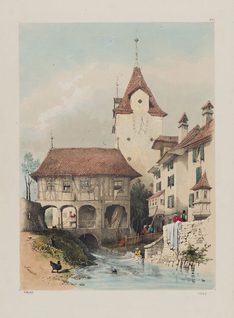 Landscape depicting a village in nature, oil painting by Samuel Prout