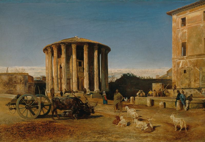 Der Vestatempel in Rom de Rudolf von Alt, óleo sobre tela que retrata ruínas antigas e luz suave.
