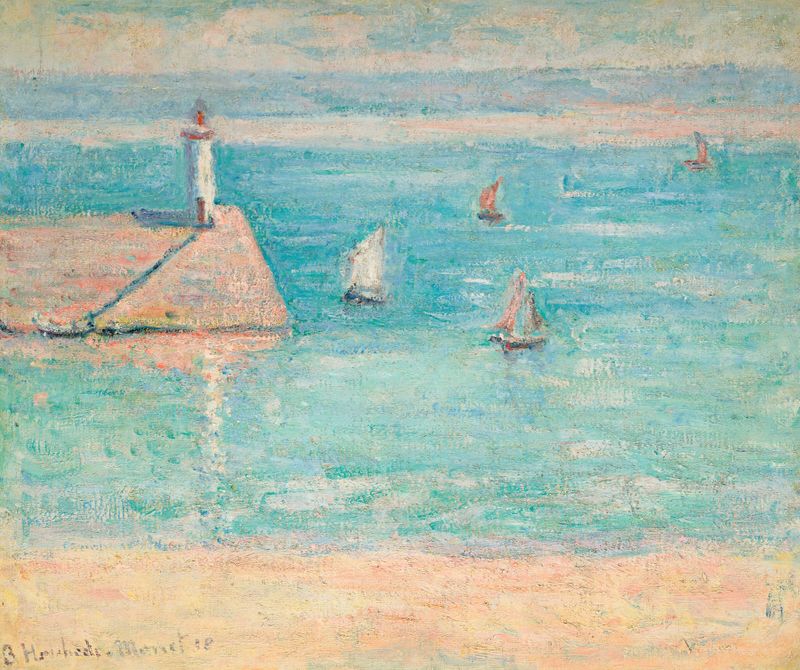 Bateaux au Port de Diélette, Normandie de Blanche Hoschedé-Monet, óleo sobre lienzo que muestra barcos en un puerto.