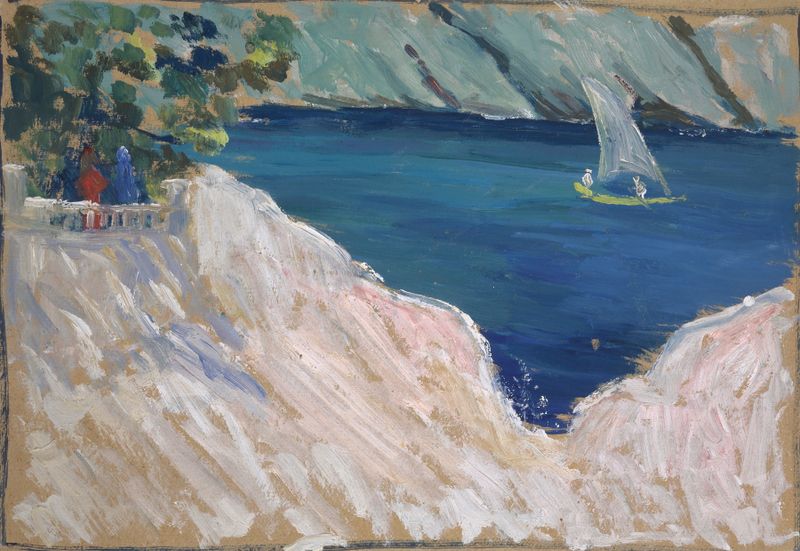 Cena marinha com um veleiro e ondas suaves, pintura a óleo de Ernst Schiess