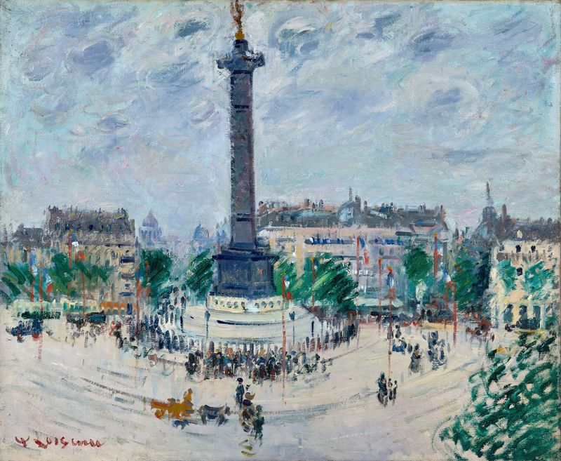 Place de la Bastille de Gustave Loiseau, pintura a óleo que retrata uma paisagem urbana vibrante