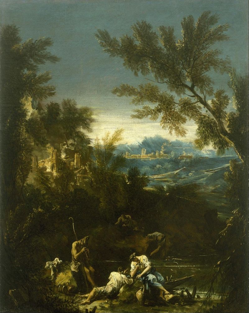 Paisaje con Figuras, óleo de Alessandro Magnasco con figuras en un paisaje iluminado por el sol