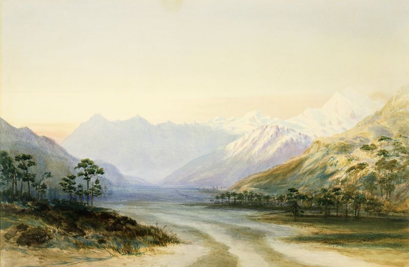 Landscape of Mount Cook by John Gully, oil painting featuring snow and majestic peaks.