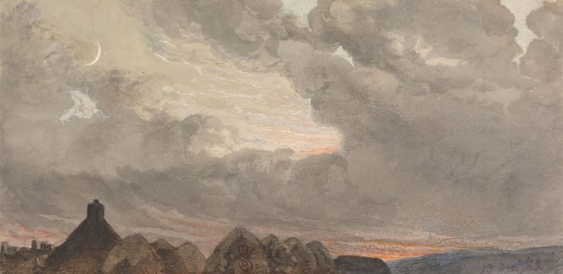 The New Moon by William Bell Scott, oil on canvas depicting a night landscape with a crescent moon.