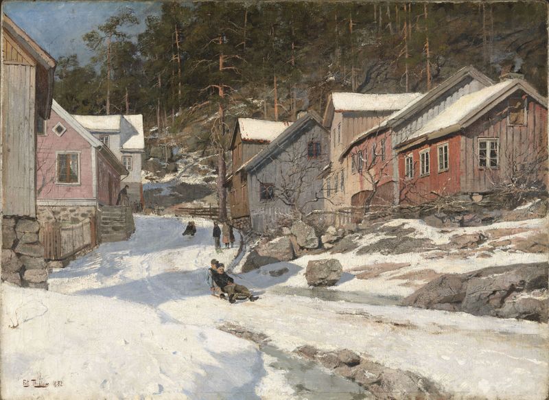 Street in Kragerø by Frits Thaulow, oil painting depicting a canal and cobblestone path