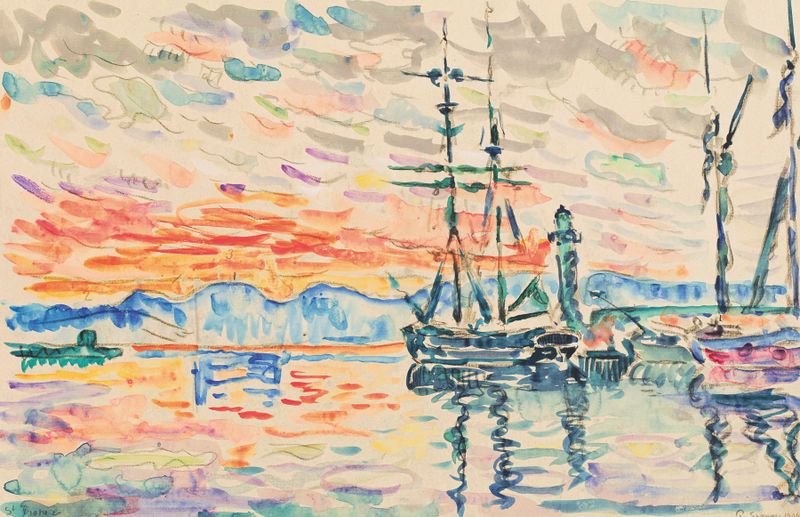 Saint-Tropez, le port au coucher du soleil, óleo sobre tela de Paul Signac