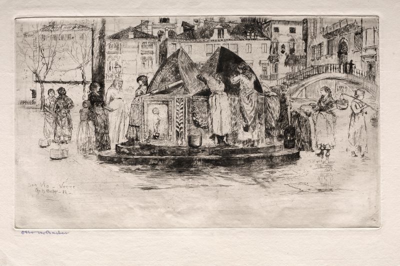 Pozzo San Vio de Otto Henry Bacher, aquarela sobre papel que retrata a luz sobre os paralelepípedos