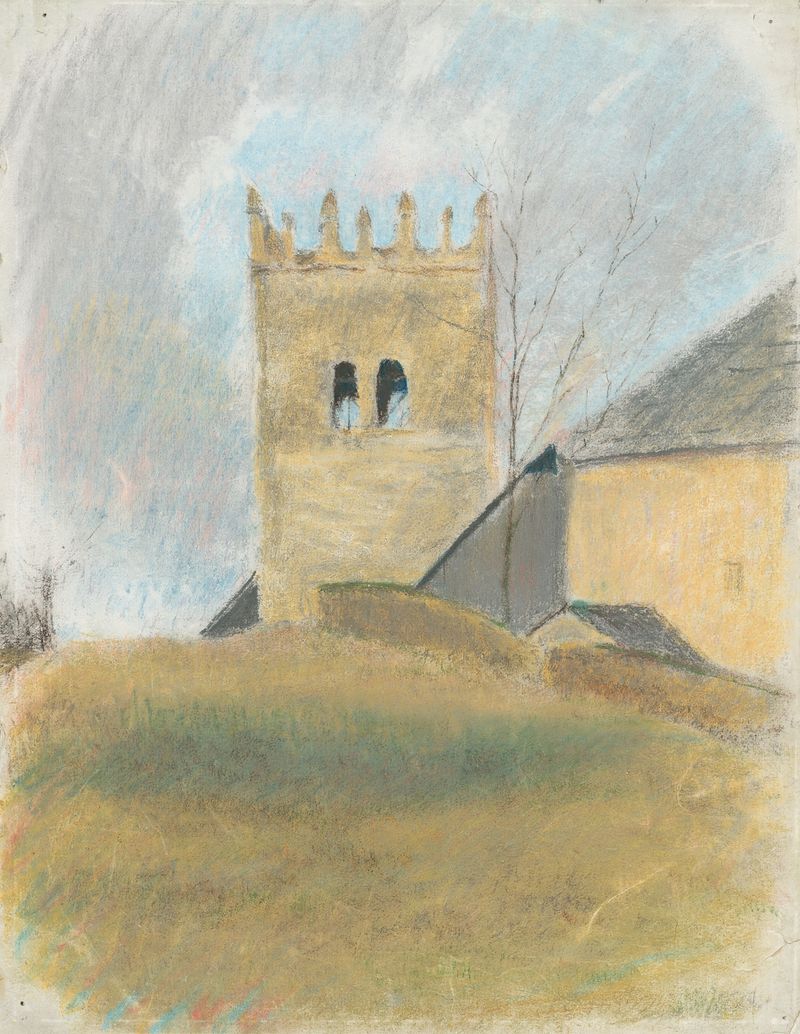 Belfry in Strážky de Ladislav Mednyánszky, óleo sobre lienzo que representa una torre de pueblo y ruinas.
