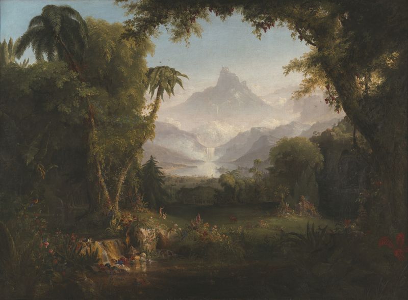 The Garden of Eden by Thomas Cole, oil painting depicting Adam and Eve in a lush garden.