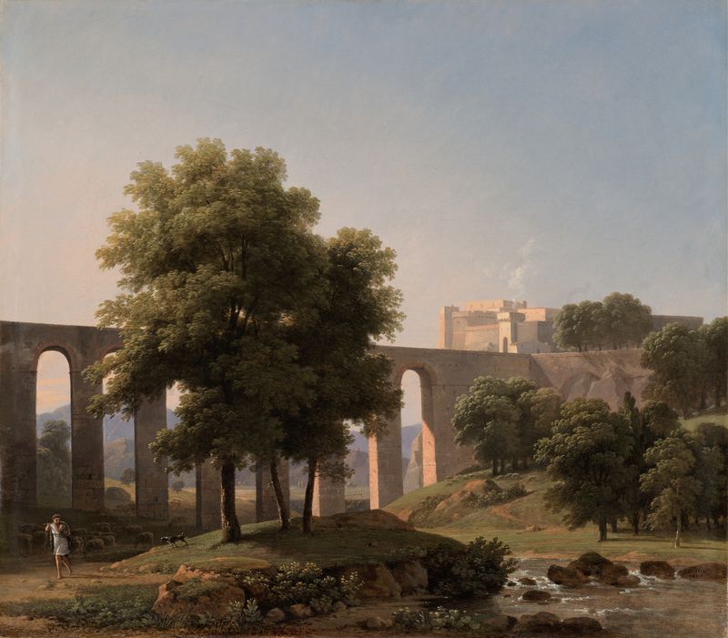 Um aqueduto e uma fortaleza em uma paisagem, pintura a óleo de Jean-Victor Bertin