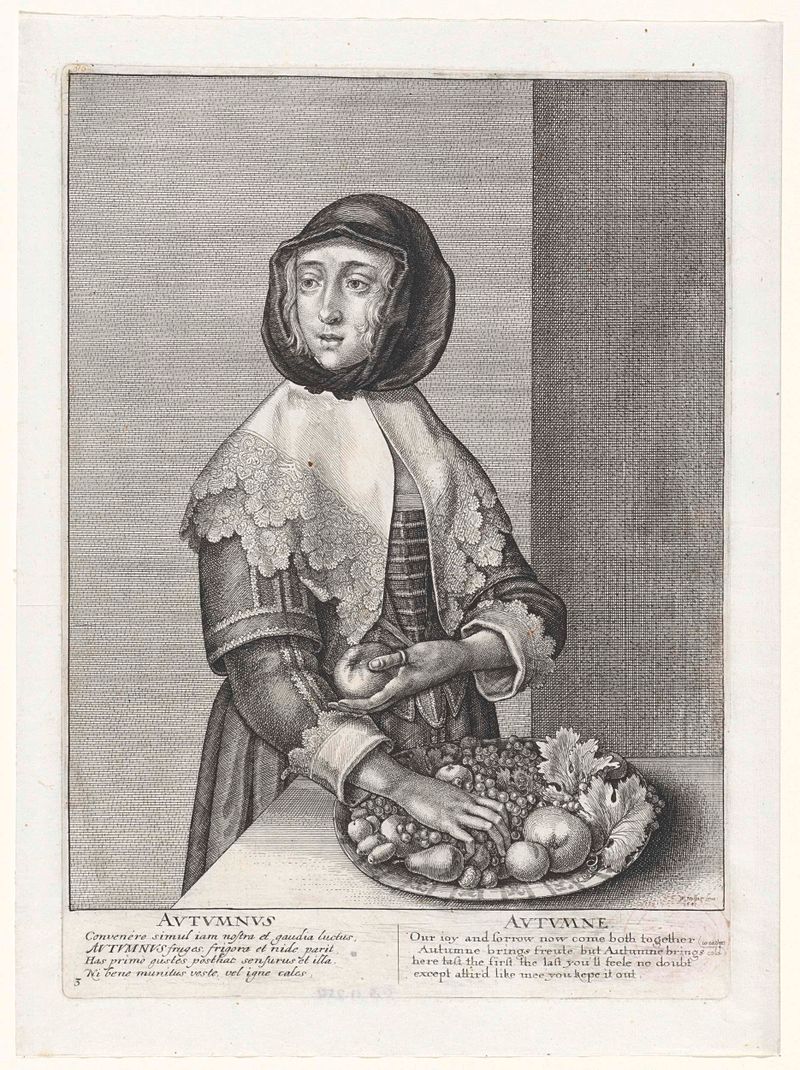 Grabado de Wenceslaus Hollar que representa un paisaje de otoño con hojas caídas.