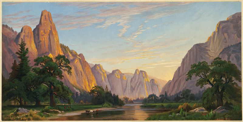 Yosemite Valley, Looking West by John Ross Key, oil painting depicting cliffs and sky.