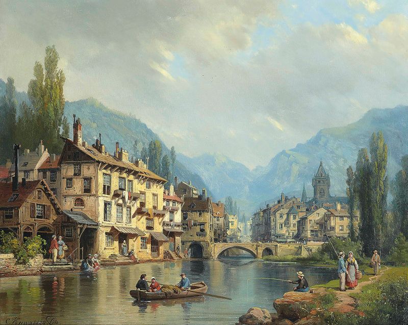 An Alpine Town In Spring de Charles Euphrasie Kuwasseg, óleo sobre lienzo que muestra un pueblo tranquilo en las montañas.