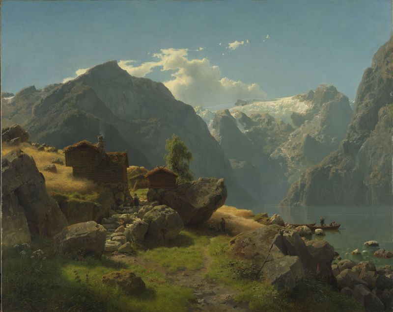 Paisagem de Balestrand de Hans Gude, óleo sobre tela, apresentando montanhas e água.
