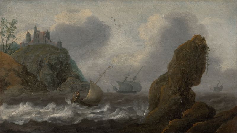 The Storm by Julius Porcellis, oil painting depicting a turbulent sea and dark clouds.