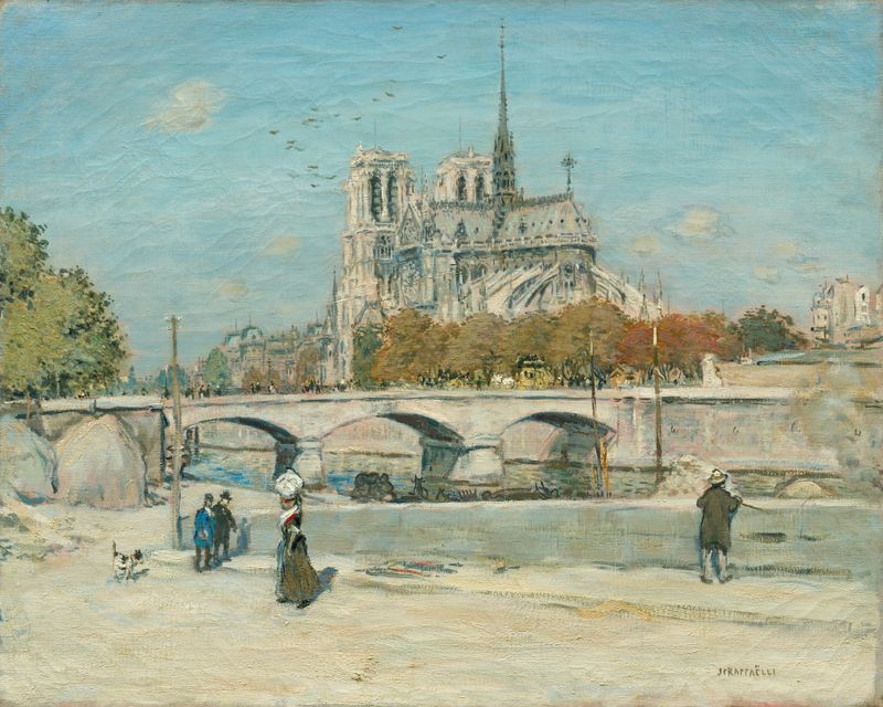 Arquitetura de Notre Dame ao pôr do sol, óleo sobre tela de Jean François Raffaëlli