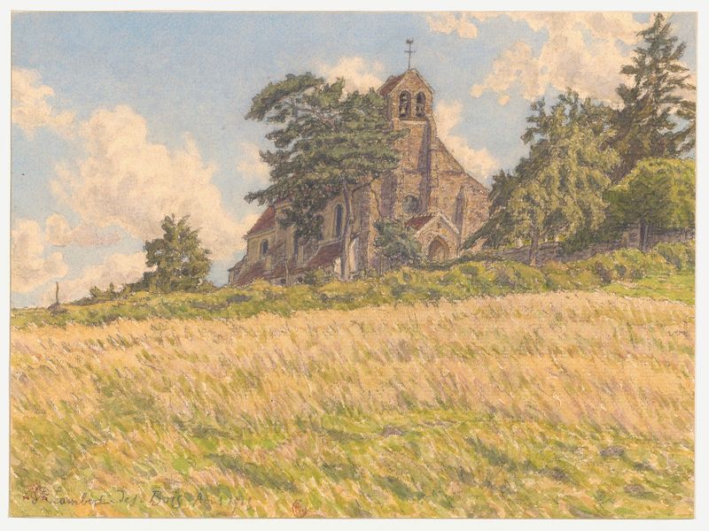 Paisagem de Henri Rivière, retratando um celeiro e árvores à luz suave, Impressionismo