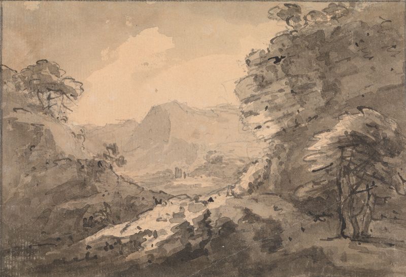 Paisaje montañoso con crag rocoso, óleo sobre lienzo de William Gilpin