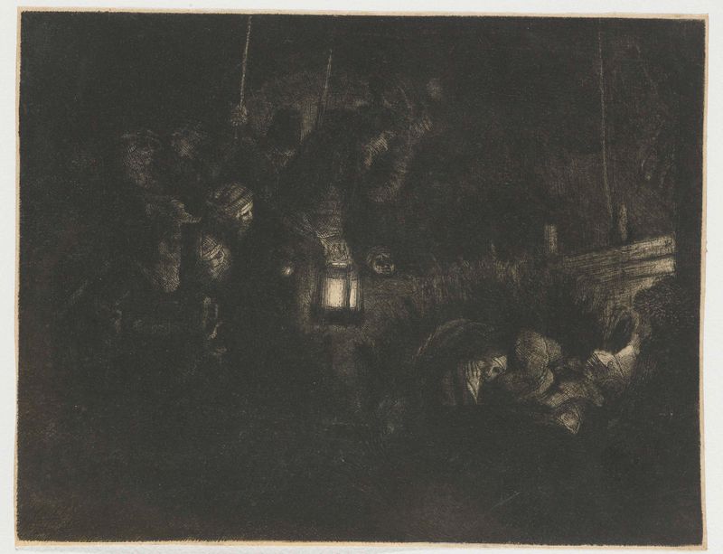 The Adoration of the Shepherds, etching by Rembrandt van Rijn, depicting shepherds in awe under soft light.