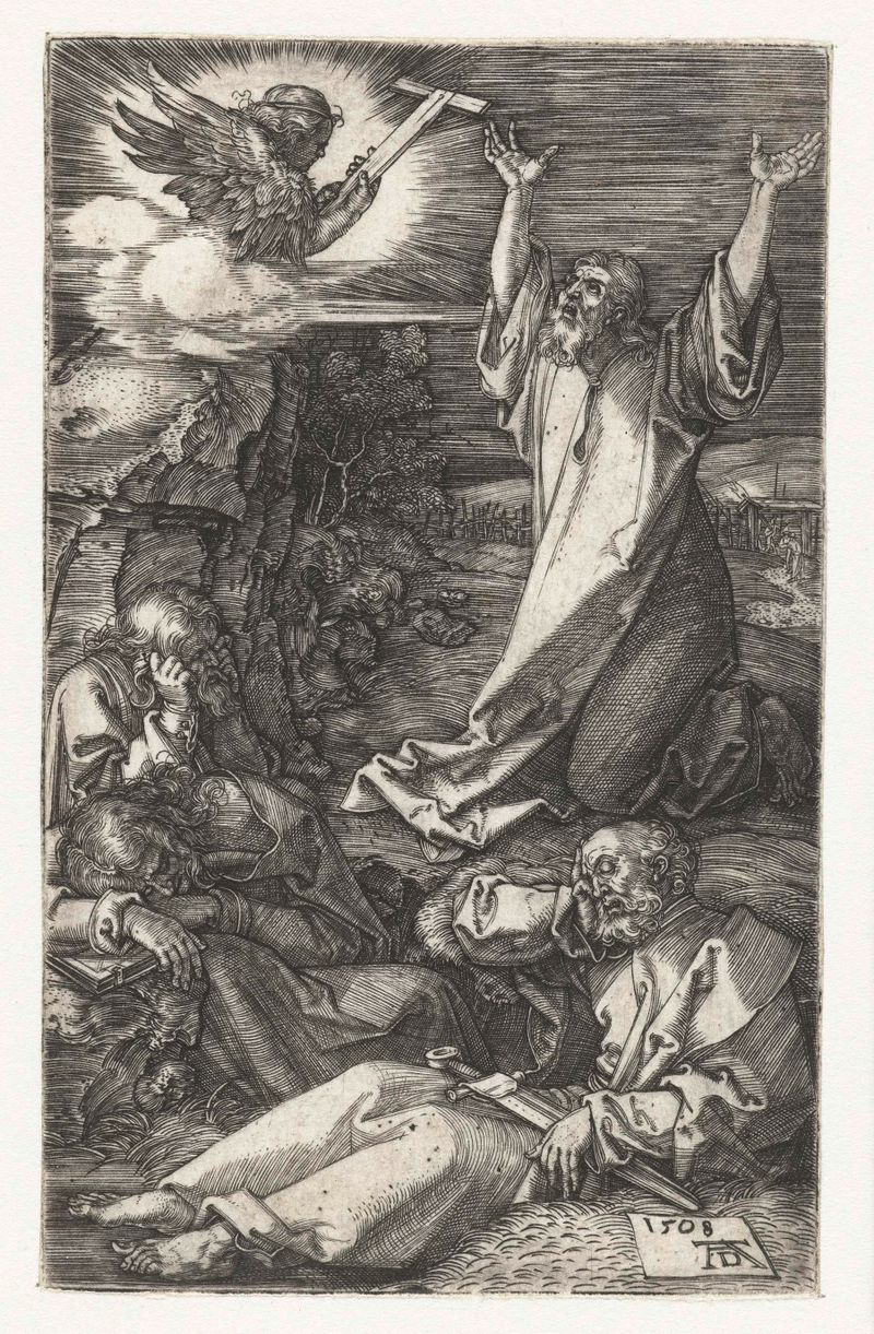 Christ kneeling under an olive tree in an engraving by Albrecht Dürer