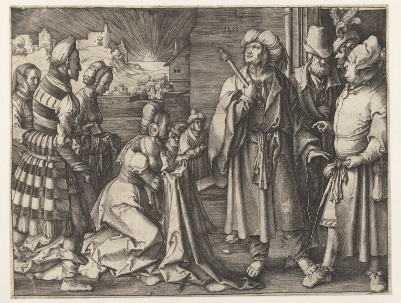 Engraving by Lucas van Leyden depicting Potiphar's wife accusing Joseph
