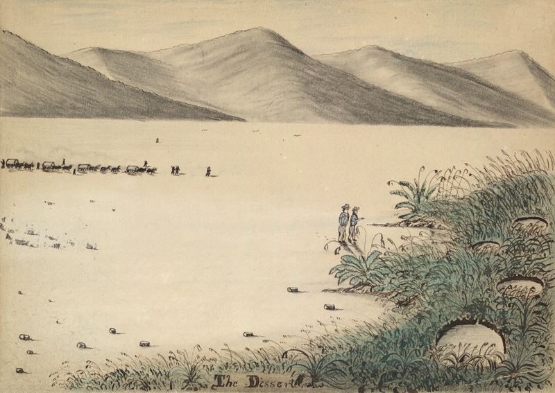 O deserto de Daniel A. Jenks, Romantismo, retratando uma vasta paisagem árida com luz sobre o terreno arenoso.