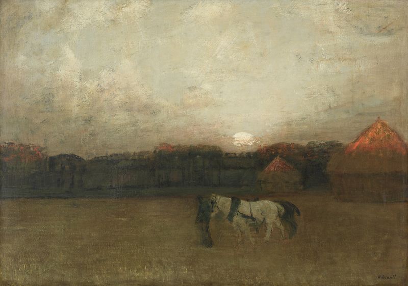 The Stubble Field by Henry Golden Dearth, oil painting depicting a quiet landscape with golden wheat and shadows.