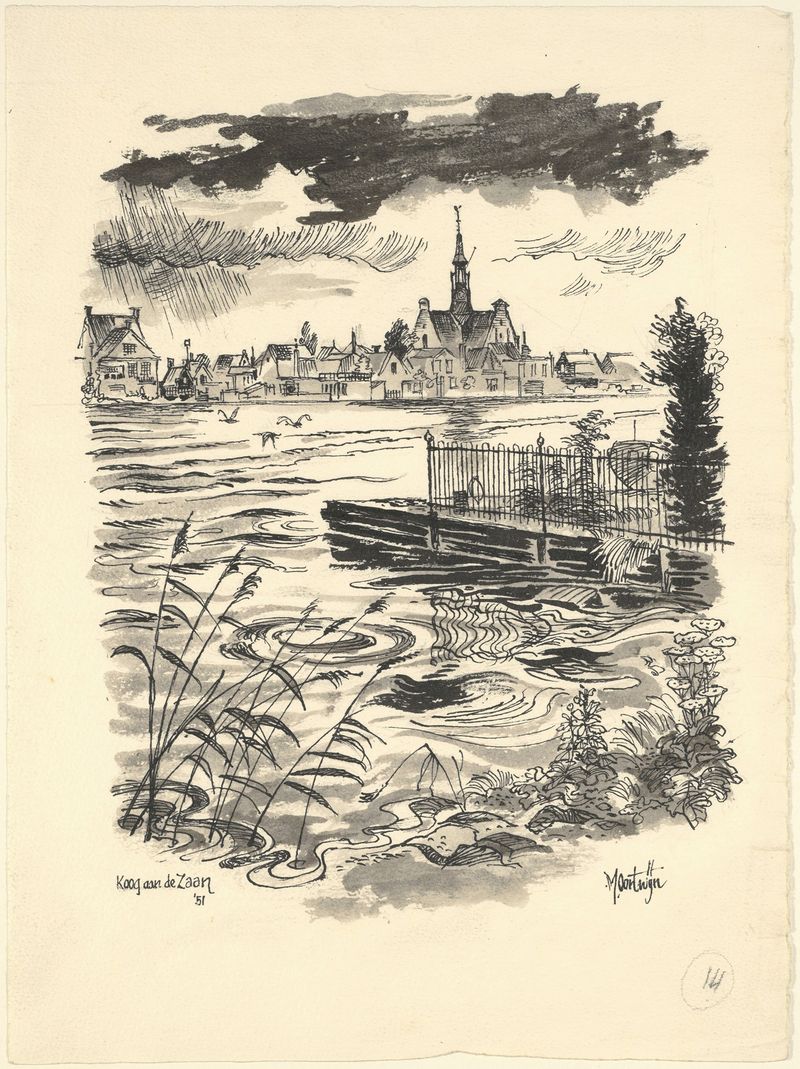 Paisagem representando um rio e uma aldeia de Maarten Oortwijn, 1951, pintura a óleo.