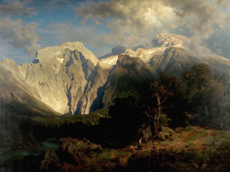 Kalkgebirgslandschaft by August Wilhelm Leu, oil painting depicting serene hills and mountains