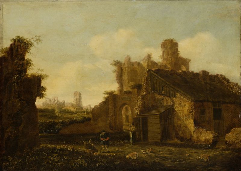 Italian Landscape with Antique Ruins by Emanuel Murant, oil painting depicting ancient ruins and a lush landscape.