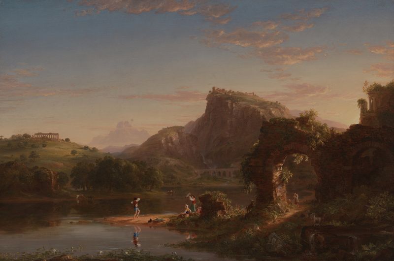 L’Allegro de Thomas Cole, pintura al óleo que representa figuras alegres en un entorno natural vibrante.