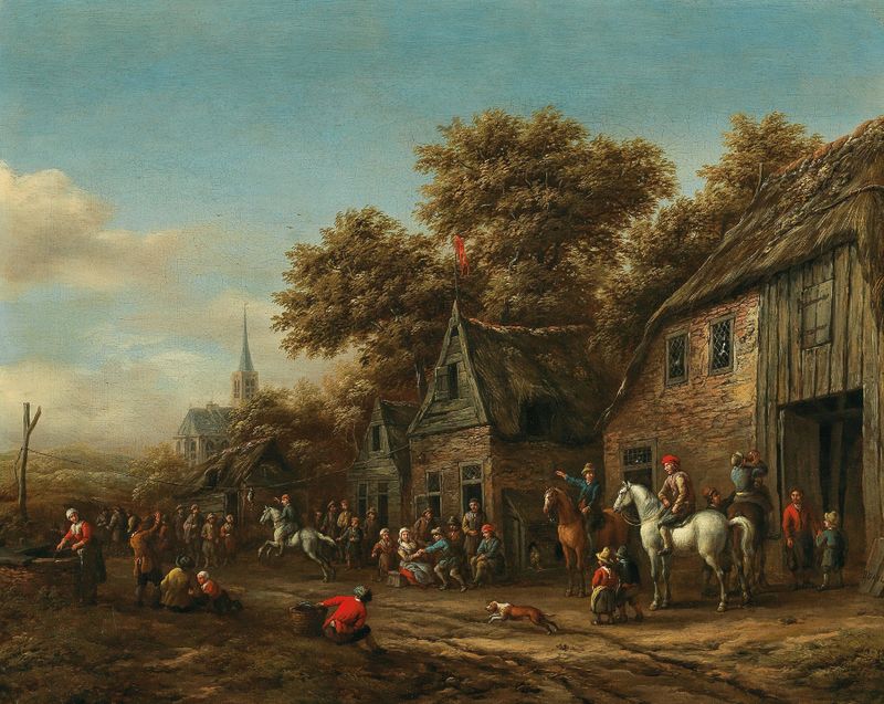 Figures on a road in a landscape, oil on canvas by Barent Gael