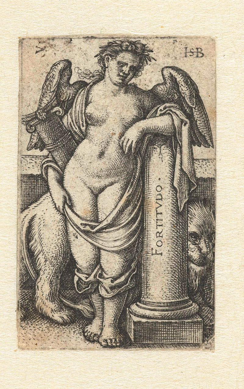 Engraving by Hans Sebald Beham depicting a poised figure with intricate garments