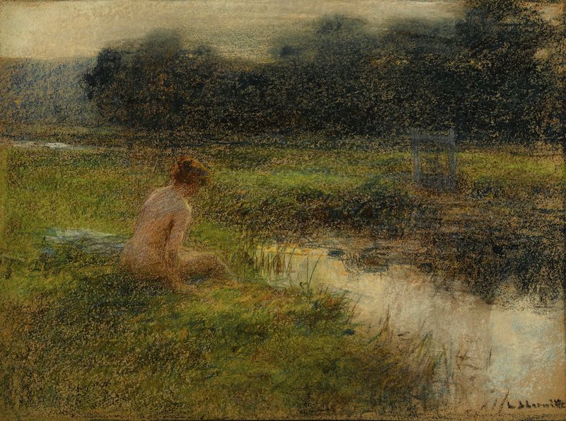 Pintura figurativa al óleo de un bañista solitario de Léon Augustin Lhermitte