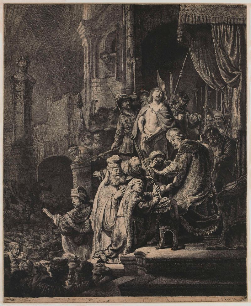Grabado de Rembrandt van Rijn que representa a Cristo ante Pilato rodeado de una multitud.
