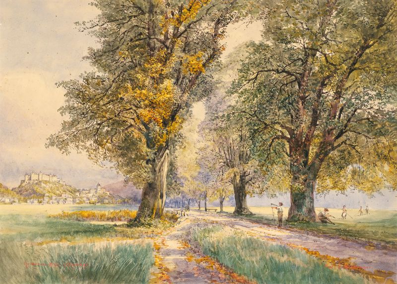 Paisaje que representa el callejón de Hellbrunn en Salzburgo de Ferdinand Mühlbacher