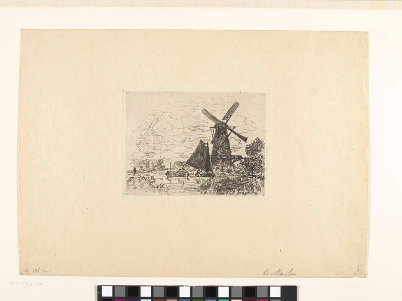 Gravura de Johan Barthold Jongkind representando moinhos e uma paisagem fluvial