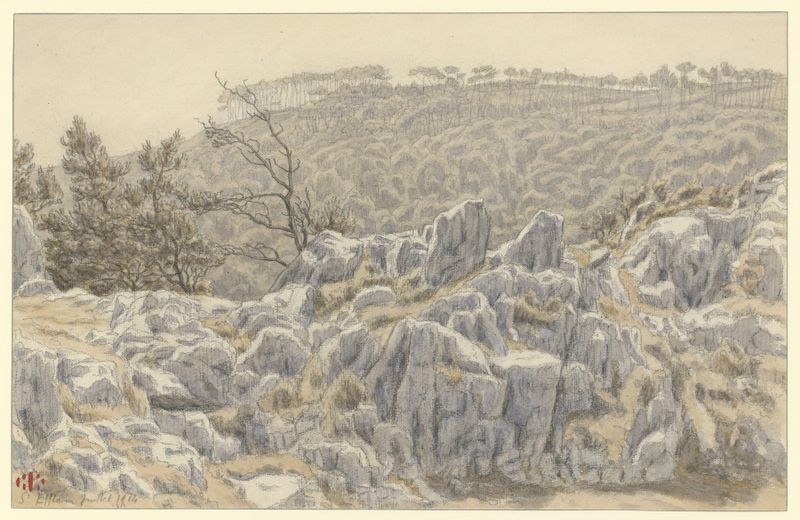 Paisagem costeira em aquarela de Henri Rivière, com uma atmosfera melancólica.