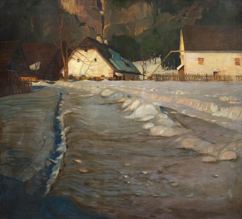 Winter Sonne by Alfred Poell, impressionism, depicting a serene winter landscape with golden light.