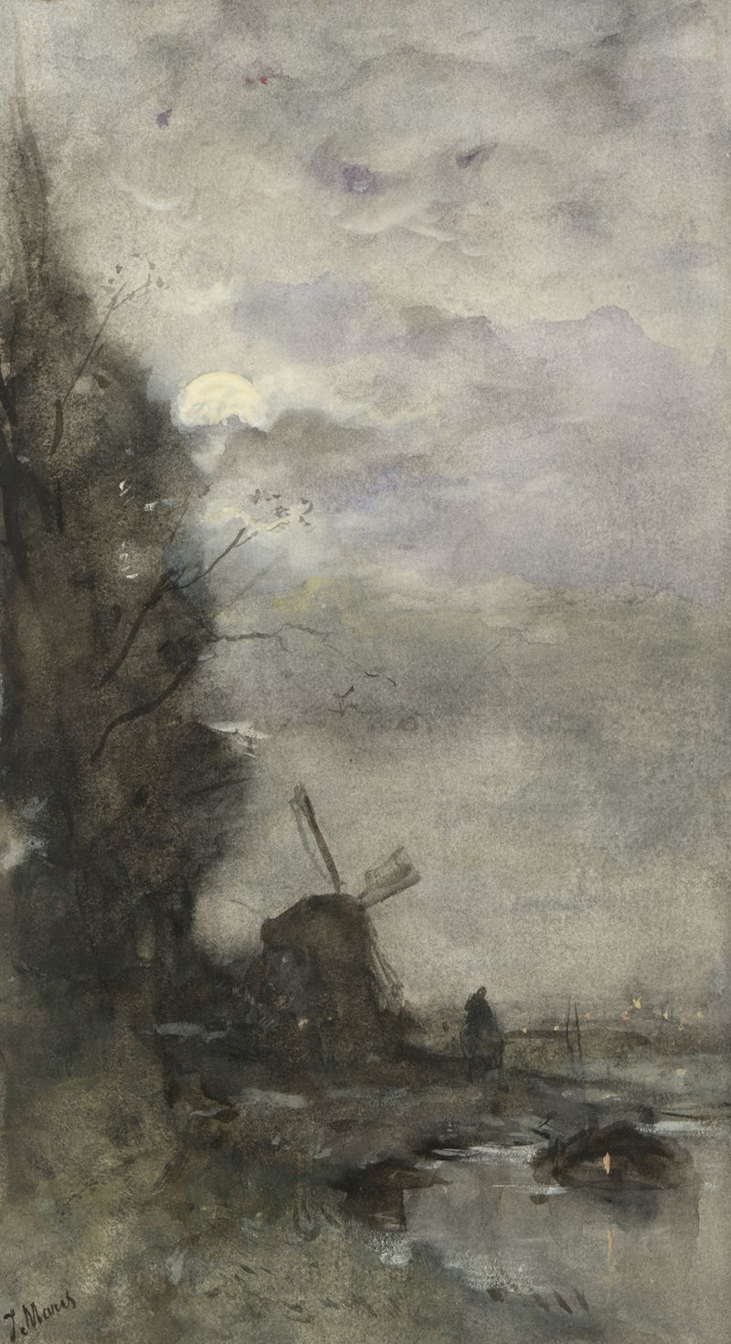 Landschap met molen bij maanlicht by Jacob Maris, oil painting of a tranquil mill under moonlight.