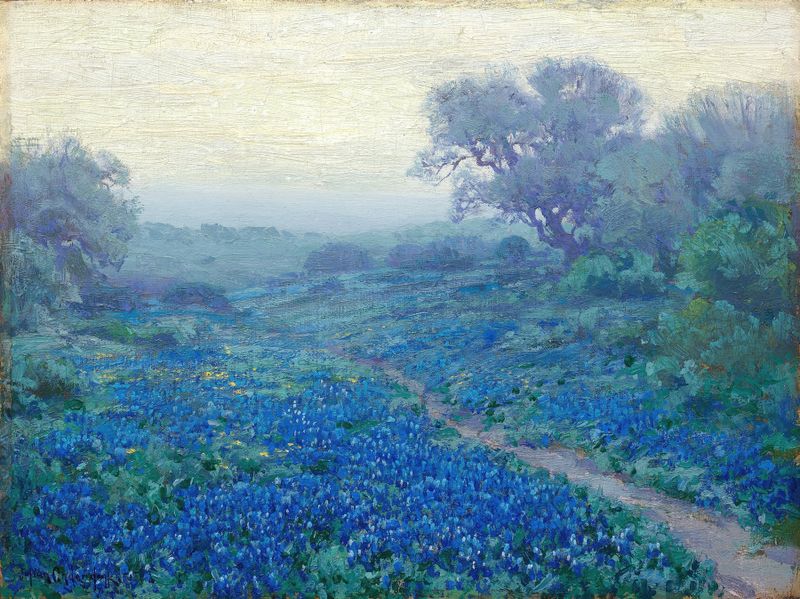 Landscape of bluebonnets at sunrise by Julian Onderdonk, oil painting