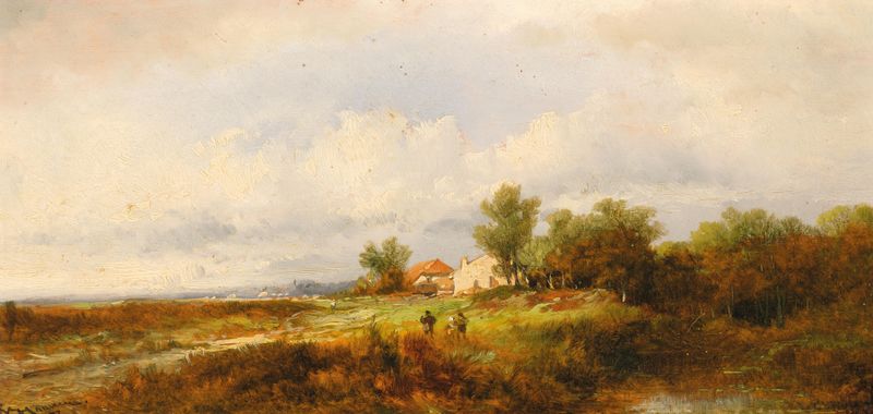 Landscape with homecoming figures, oil painting by Remigius Adrianus van Haanen