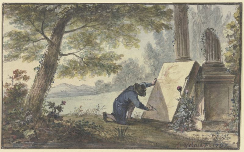 Pintura de paisaje de Georg Karl Urlaub, óleo sobre lienzo, con un pintor bajo un árbol.