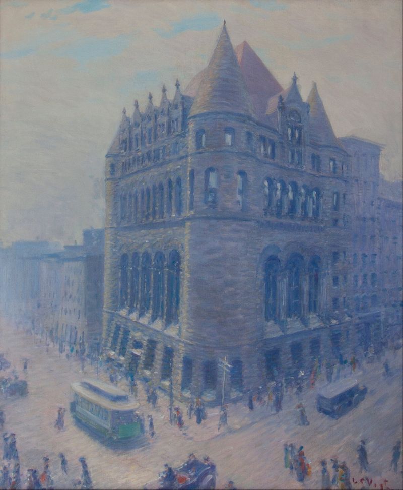 Edificio de la Cámara de Comercio de Louis Charles Vogt, óleo sobre lienzo, mostrando arquitectura ornamental.