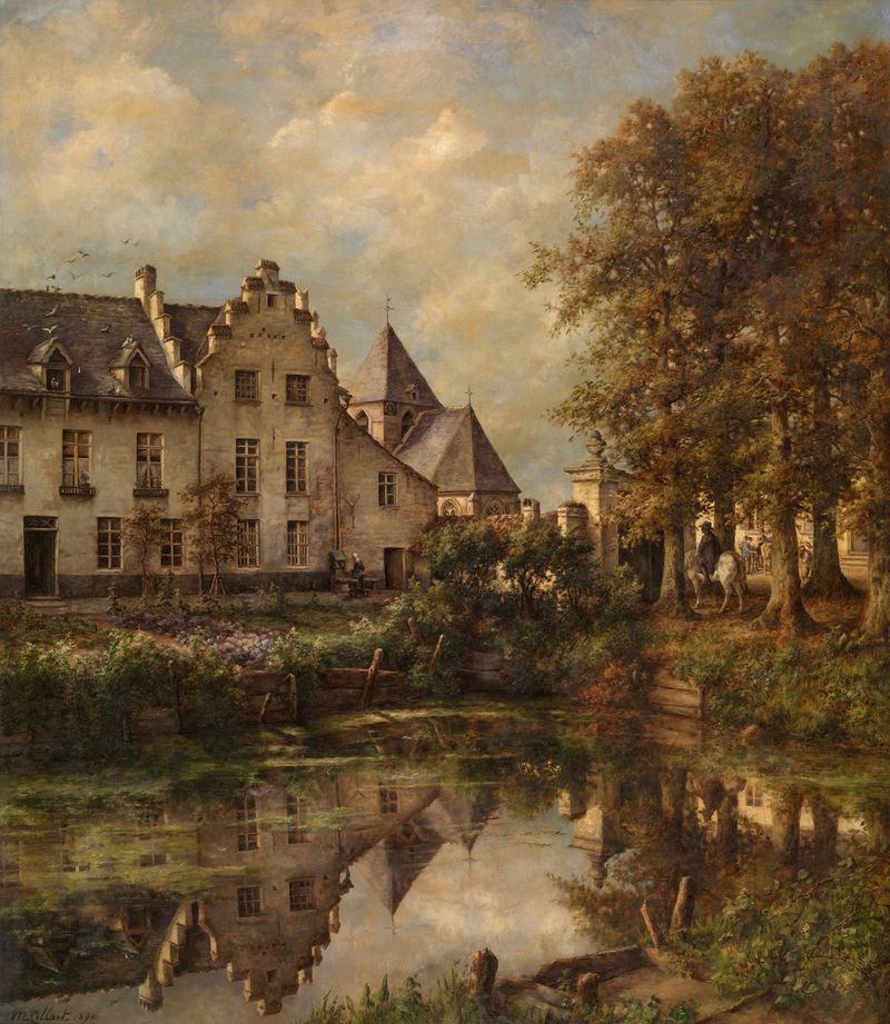Pintura al óleo de un paisaje de un manor por Marie Collart-Henrotin