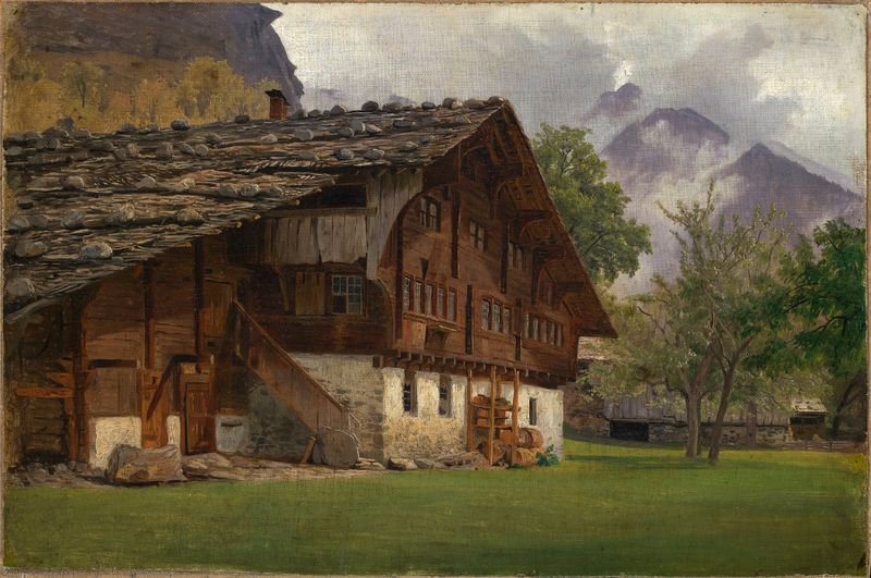 Paisagem com uma casa de campo nos Alpes por Johann Wilhelm Schirmer, pintura a óleo