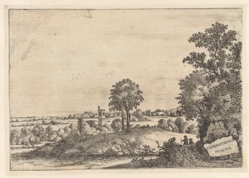 Landschap met twee mannen op een zandweg, etching by Jan van Brosterhuyzen