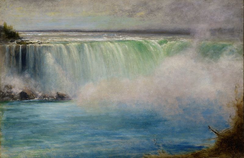 Paisagem de Niagara Falls por George Inness, pintura a óleo que retrata uma cachoeira e vegetação exuberante.