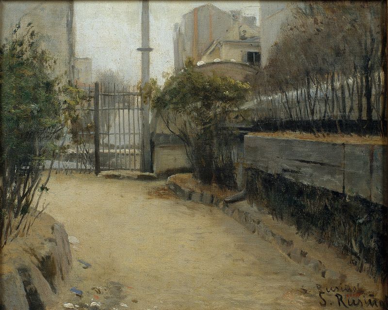 Jardim de Montmartre, óleo sobre tela de Santiago Rusiñol com flores e uma figura em uma paisagem exuberante