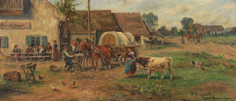 Genre scene depicting a traveler resting at a tavern, oil painting by Karl Stuhlmüller.
